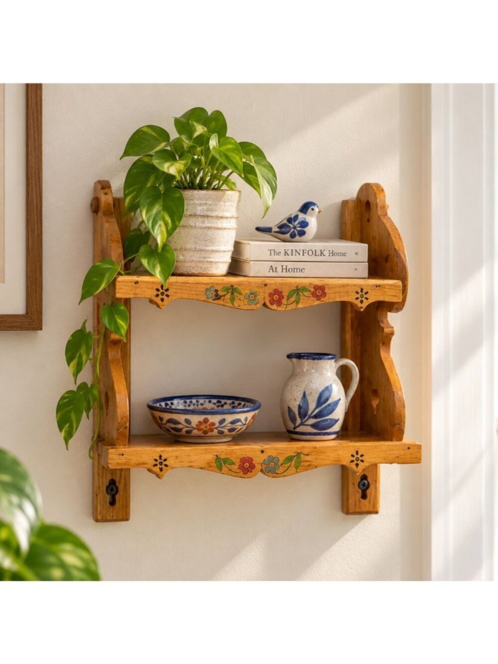 Vintage Hand-Painted Wooden Wall Shelf With Floral Design Two Tiers Rustic Decor